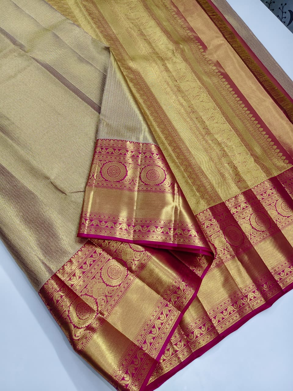 Pale Gold with Magenta Pink Kanchipuram Pure Silk Long Bordered Full Tissue Bridal Designed Saree